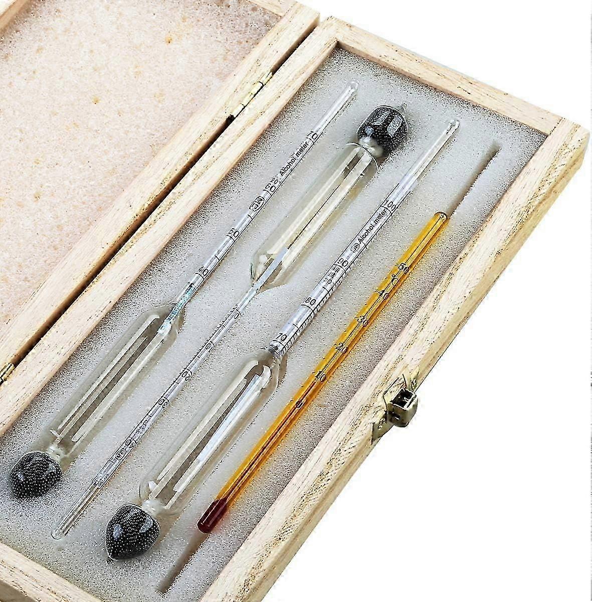Hydrometer set for alcohol testing with 0-100% range and thermometer