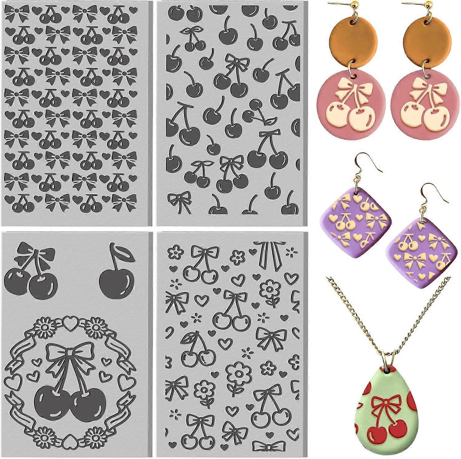 4 Sheets Bow Clay Texture Mat Cherry Pattern Polymer Clay Texture Sheets Valentine's Day DIY Tools