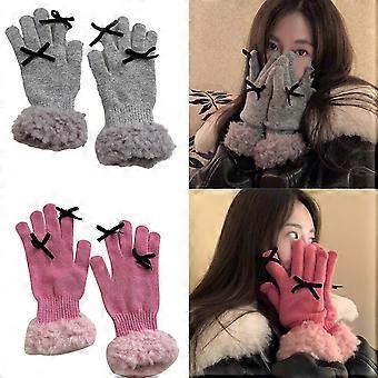 Girls Plush Cuffs Crochet Gloves Full Finger Warm Mittens with Small Bowknot Decor Mittens for Women Winter Supplies Beige
