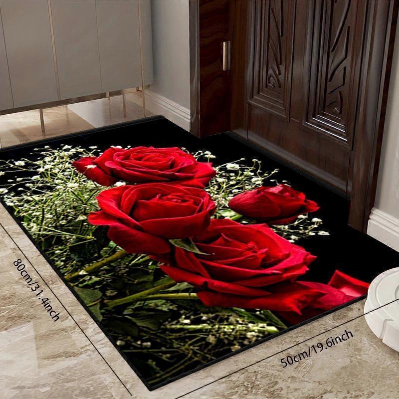 Rose Pattern Kitchen Floor Mat - Non-Slip Polyester