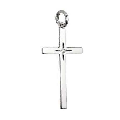 Silver 30x17mm diamond star set solid block Cross