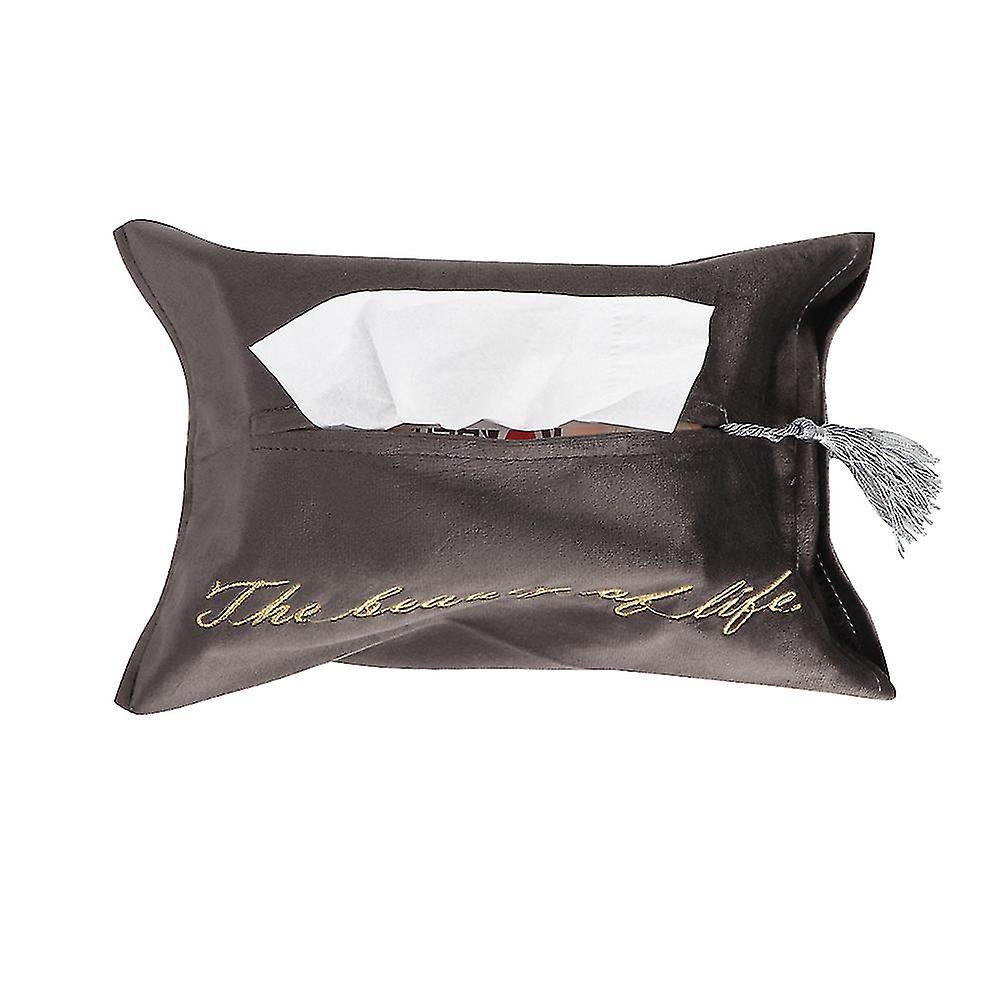 Portable Simple Embroidered Fabric Towel Bag Paper Towel Tray Tissue Box (Brownish Grey Tassel)