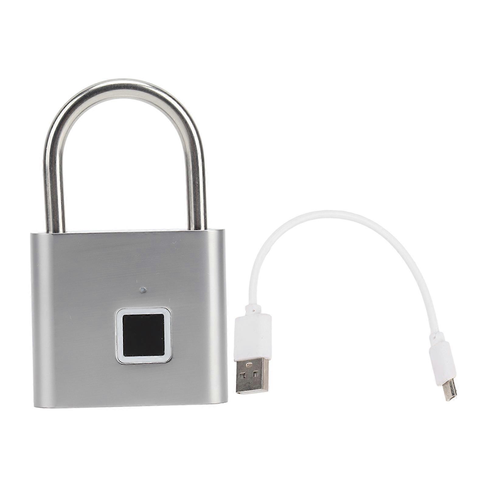 Fingerprint Padlock 0.5S Fast Unlock Waterproof USB Rechargeable Thumbprint Lock with 10 Fingerprints Storage and 3 Color Indicator Light Silver