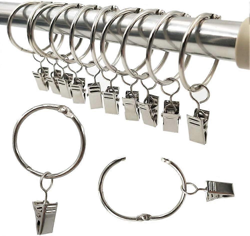 Curtain Rings, 20 Pieces Curtain Ring with Clips, Decorative Metal Drape Clip Hooks Set 38mm Inner Diameter Silver, Rustproof, Easy Open Clip Rings