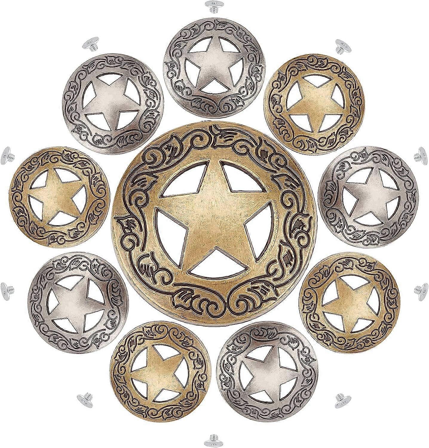 1 Box 10 Sets Screw Back Button Engraved Star Concho Hollow Out Decorative Buttons Round Vintage Bronze