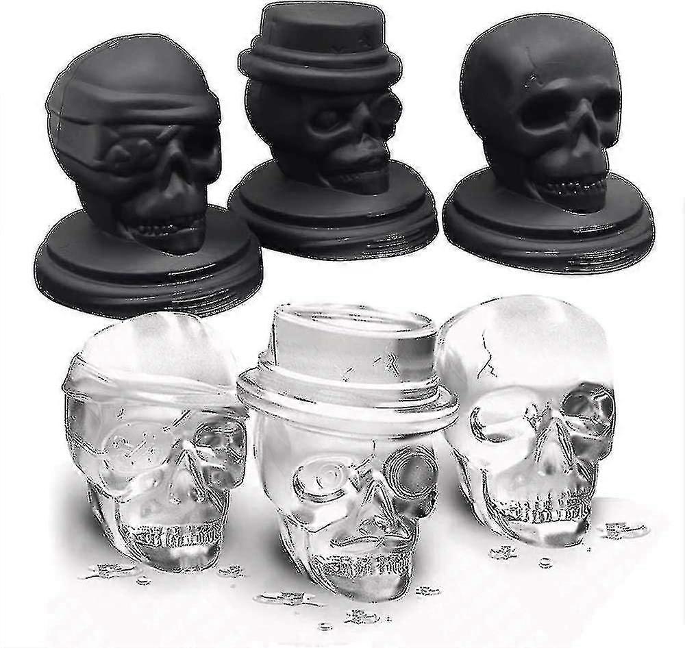 Skull Ice Mold, Pop 3d Flexible Large Round Cube Ball Silicone Tray Maker For Holiday Party, Halloween, 3 Pack, Black