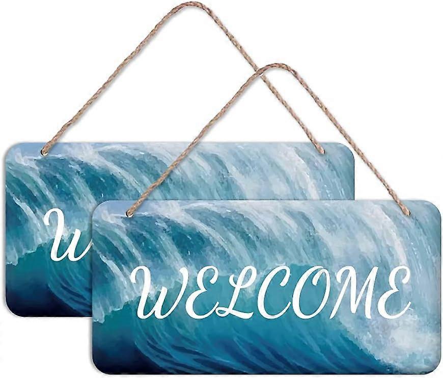 2Pcs Welcome Door Sign Ocean Pattern Rectangle Door Wall Hanging Sign Rustic Wood Door Sign Plaque with Hanging String Home Decoration for Farmhouse P
