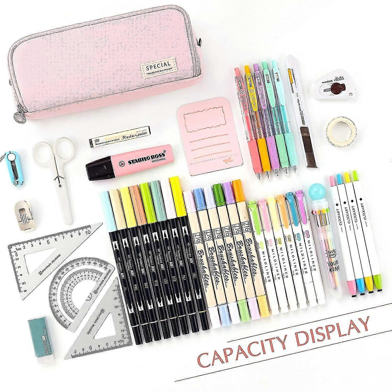 Medium 2-Compartment Pencil Case Pouch - Large Capacity Pen Bag For School, Office, Travel, Or Makeup (Pink)