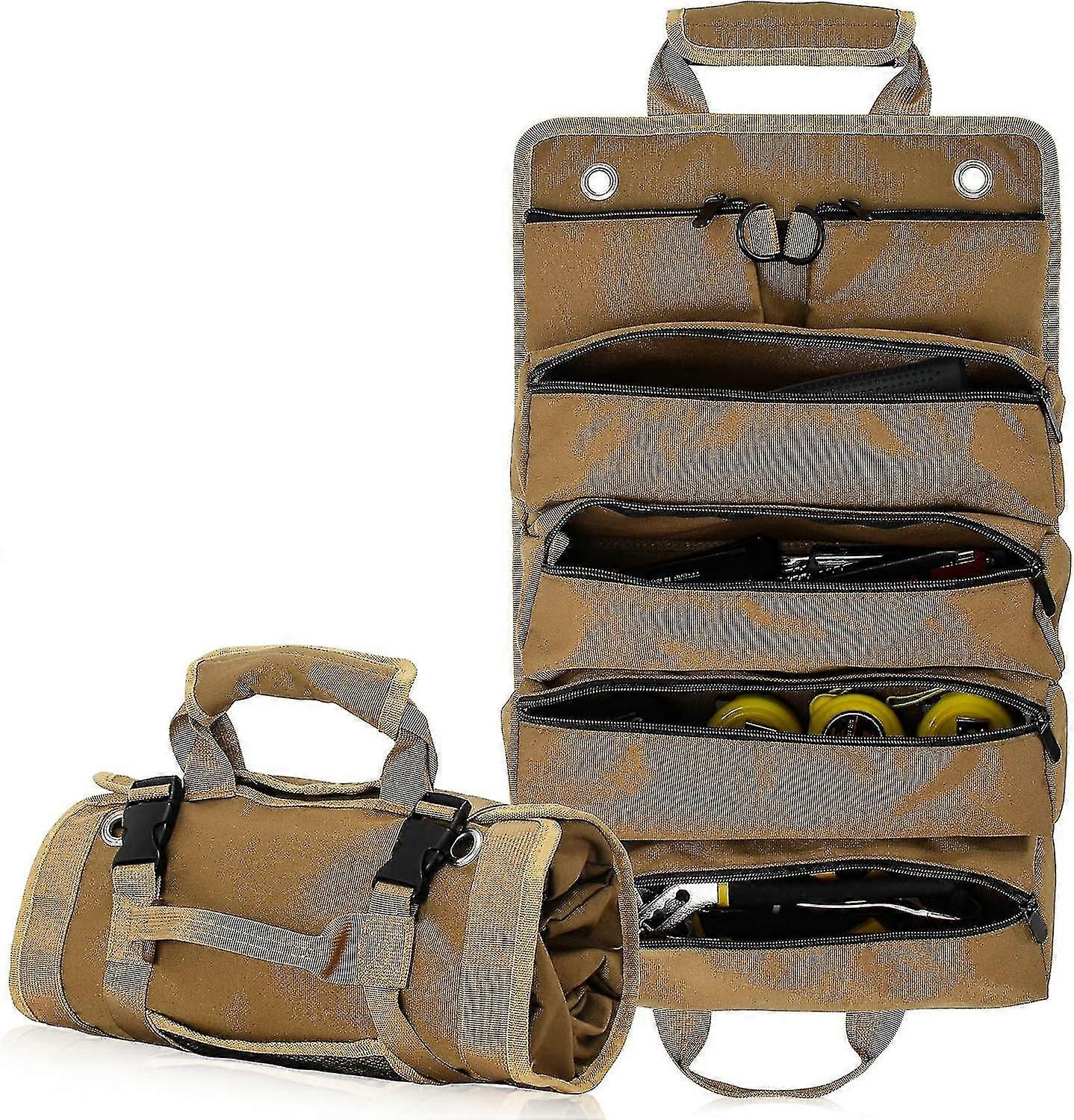 Canvas Roll Up Tool Bag, Heavy Duty Tool Carrier Bag With 2 Detachable Pouches And 4 Large Tool Pouches For Mechanic/electrician/motorcycle/truck (kha