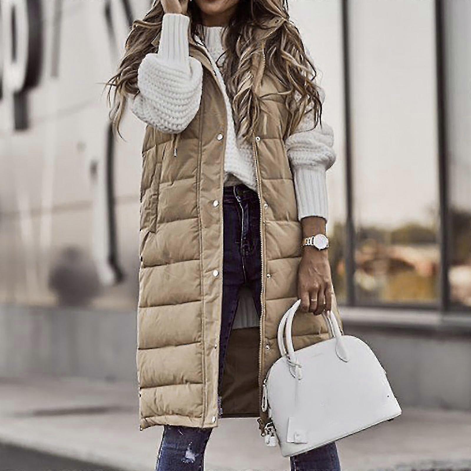 Femme de couleur unie à capuche à poitrine unique mi-longue veste de poche sans manches veste de poche sans manches