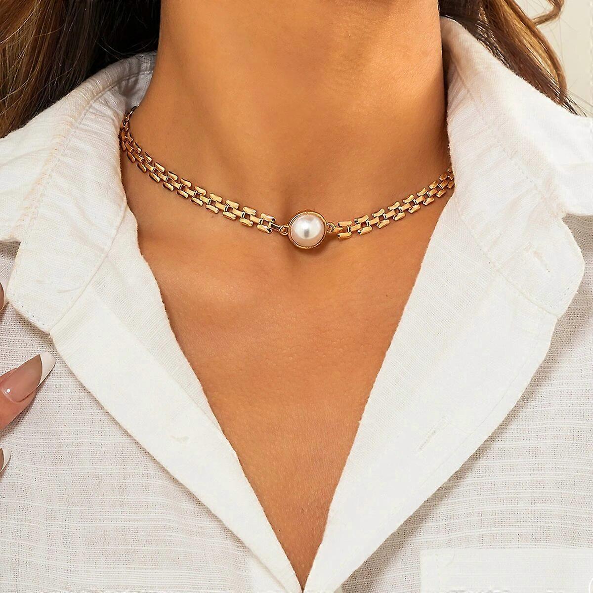 IngeSight.Z Simple Imitation Pearl Choker Necklaces for Women Geometric Square Thin Link Chain Short Collar Neck Bracelet Set