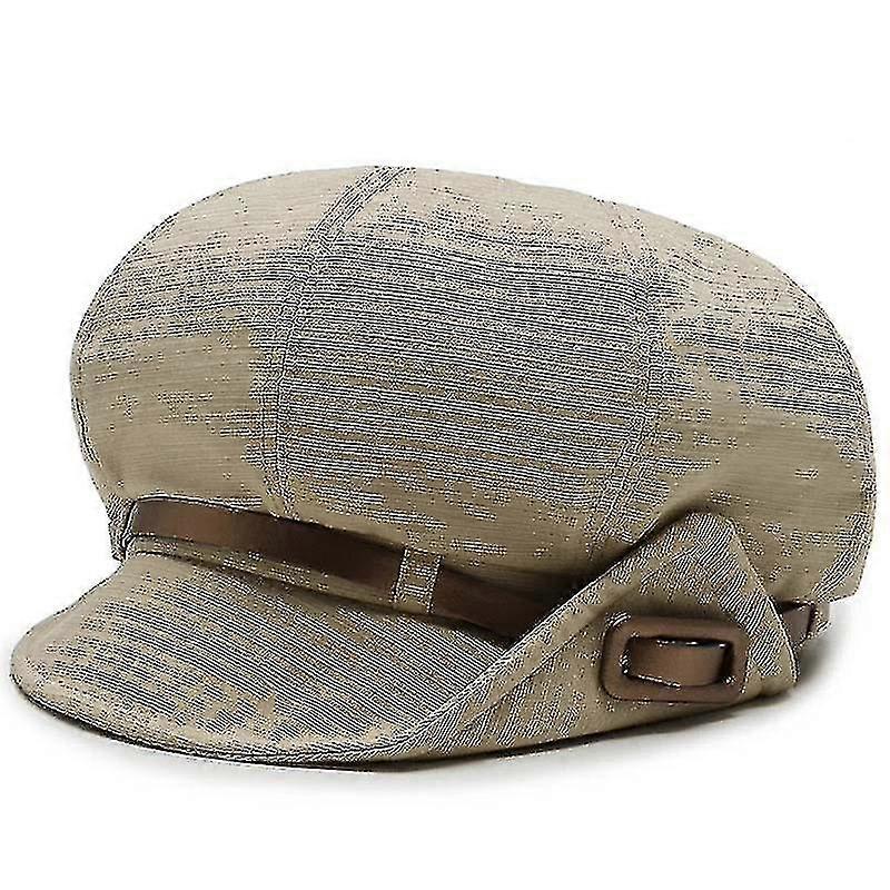 Retro Horizontal Stripes, Beret Belt Octagonal Hat, Womenbeige