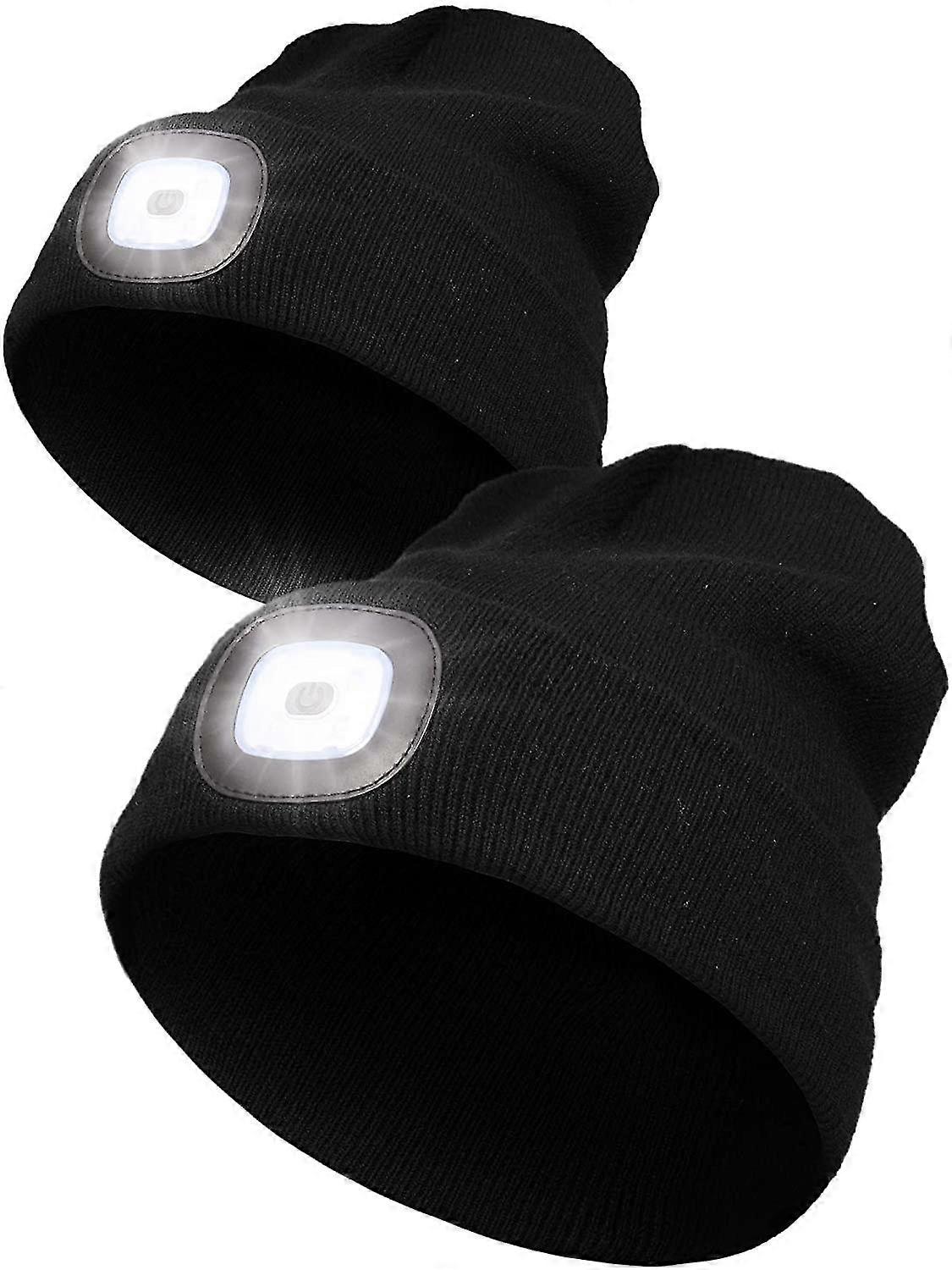 2 Pieces Led Unisex Hat Beanie Cap With 3 White Light Modes, Light Up Hat Hand-Free Flashlight Usb Rechargeable Unisex Winter Knit Cap Warmer Hat (Bla
