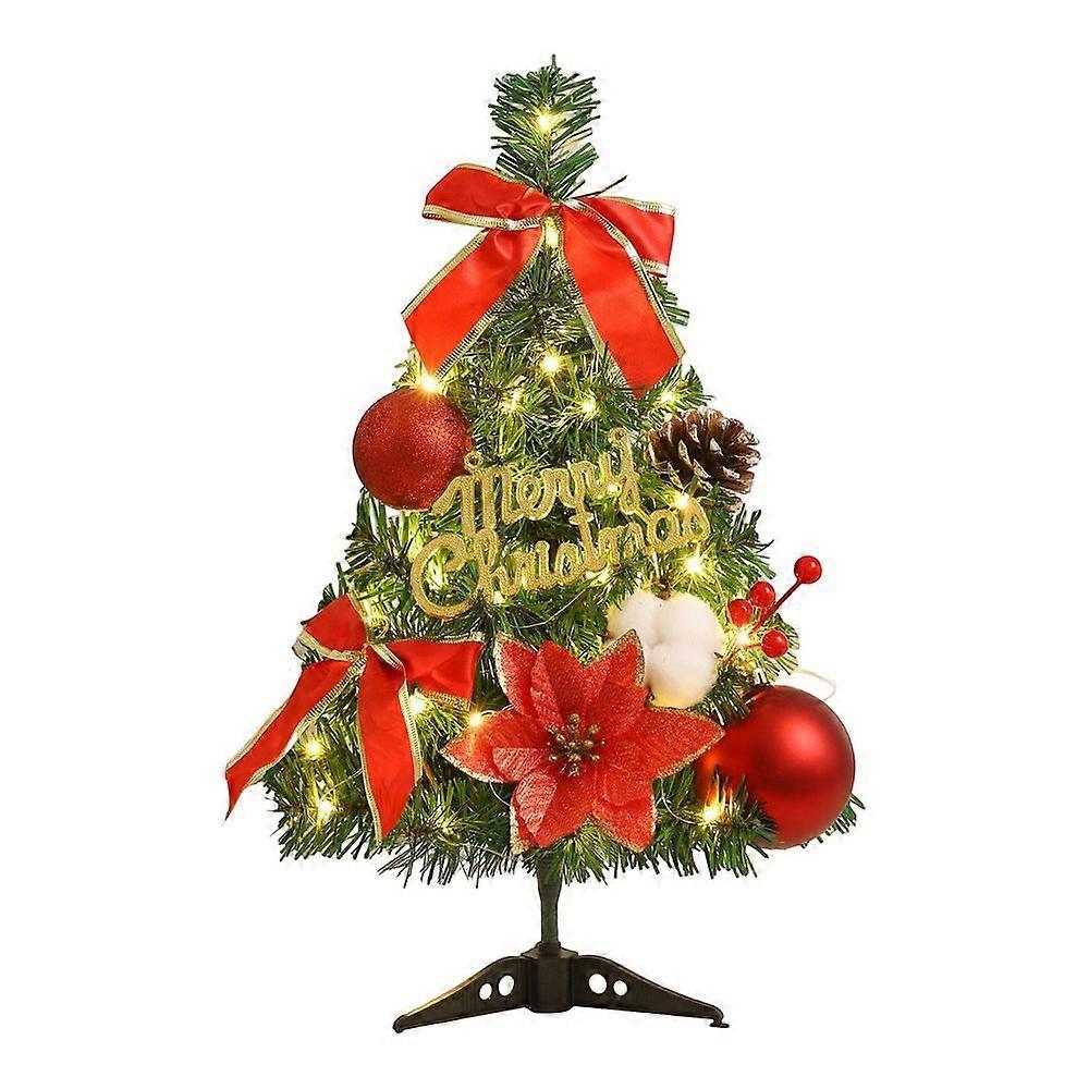 Mini Christmas Tree Realistic Tabletop Artificial Xmas Tree with Flower Bowknot Ornaments Battery Operated LED Lights Christmas Tree Ornament for Home