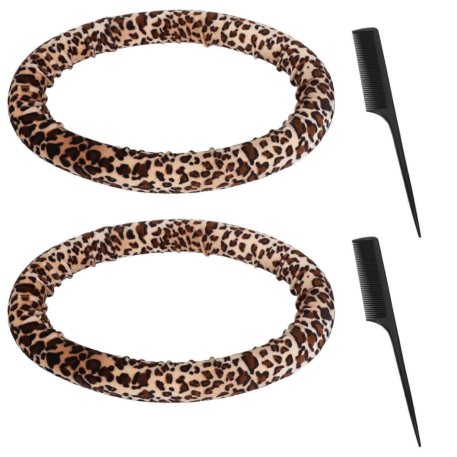2pcs Round Heatless Curler Dual Use Heatless Curling Rod Headband Round Leopard Print Hair Rollers Styling Tool with 2 Combs