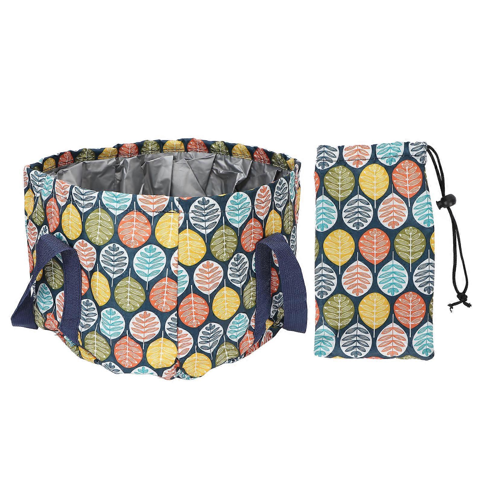 Collapsible Foot Soaking Basin Polyester Waterproof Handle Rope Foot Bath Water Bucket 21L Large Leaf Pattern