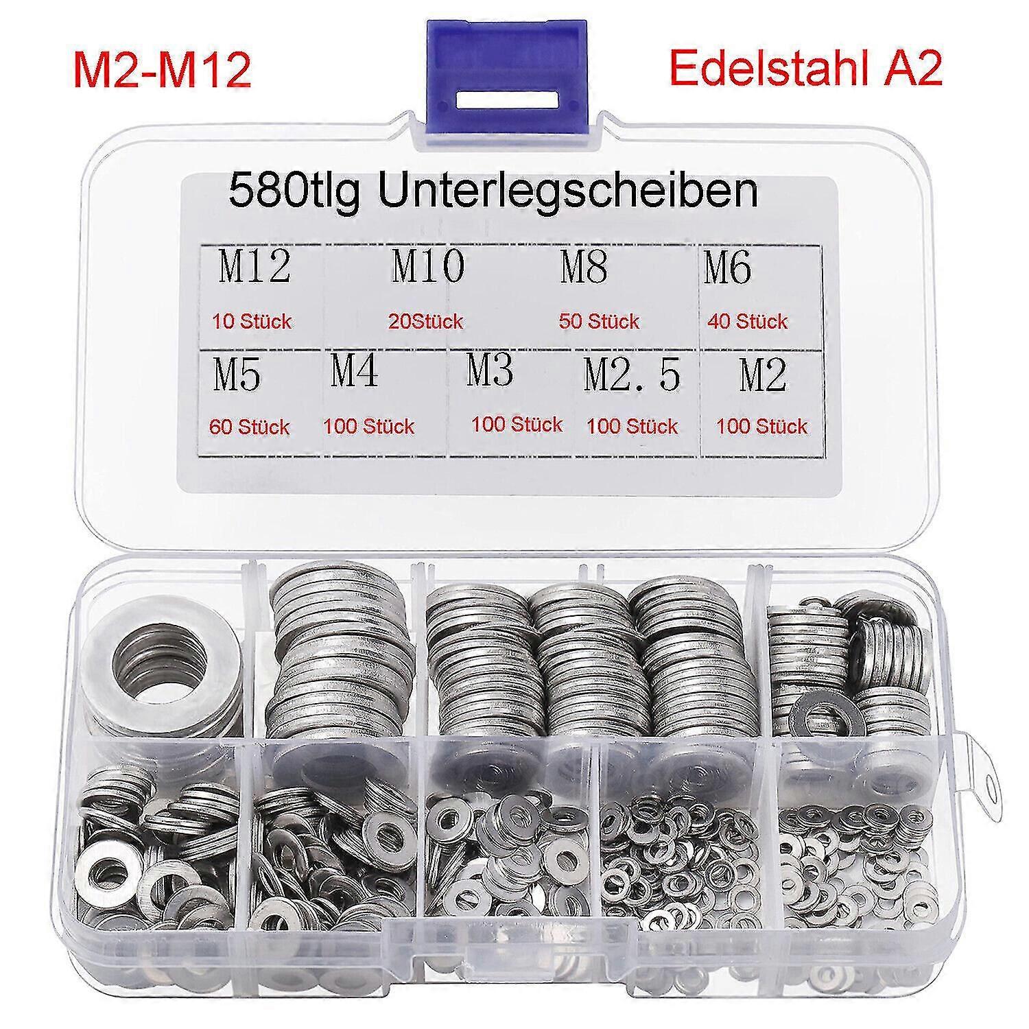 580pcs Flat Washers M2-M12 Stainless Steel A2 Washers Assortment Set