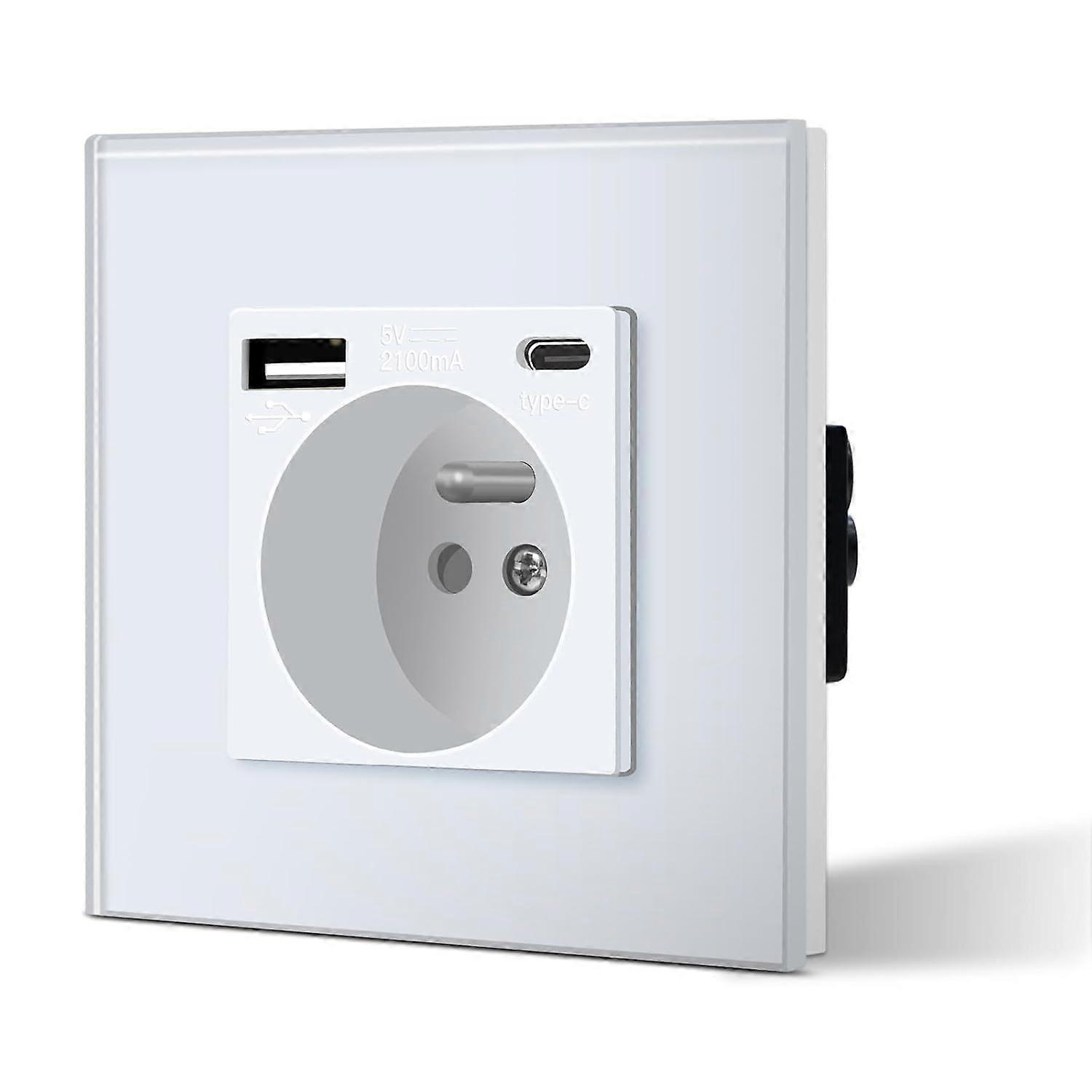 Wall Socket with USB and Type C, Glass Power Socket with USB 2.1A Current 16 Amp 240V 86mm, Suitable for Smartphone, Tablet (White)
