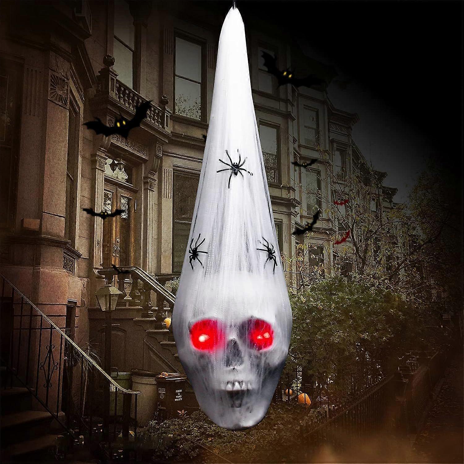 زينة هالوين ، ديكور الجمجمة هالوين في الهواء الطلق والداخلي ، 20 "زينة تنشيط صوت الهيكل العظمي هالوين مع عيون حمراء LED & عنكبوت وهمية ، Haunte