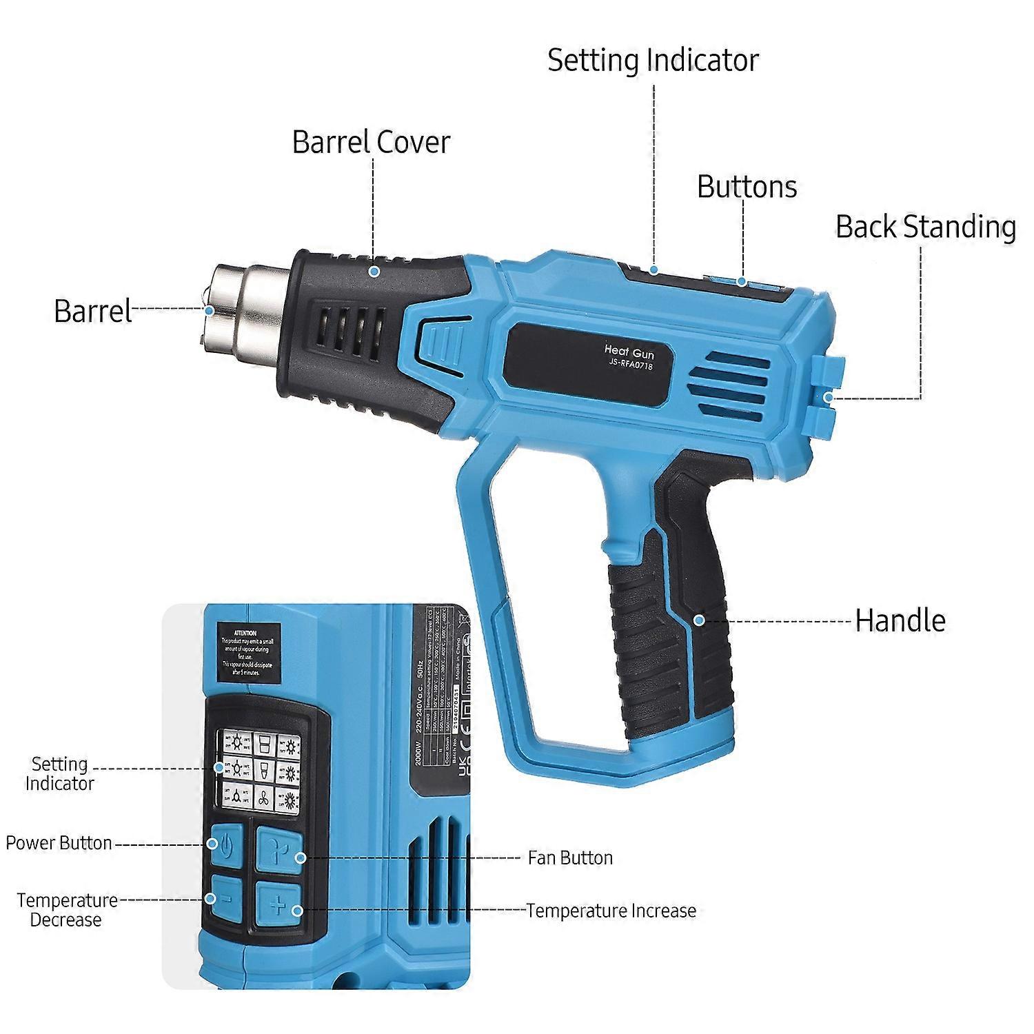 2000W Professional Hot Air Gun Corded Handheld Heat Gun with Memory Function 12 Modes Adjustable 50-