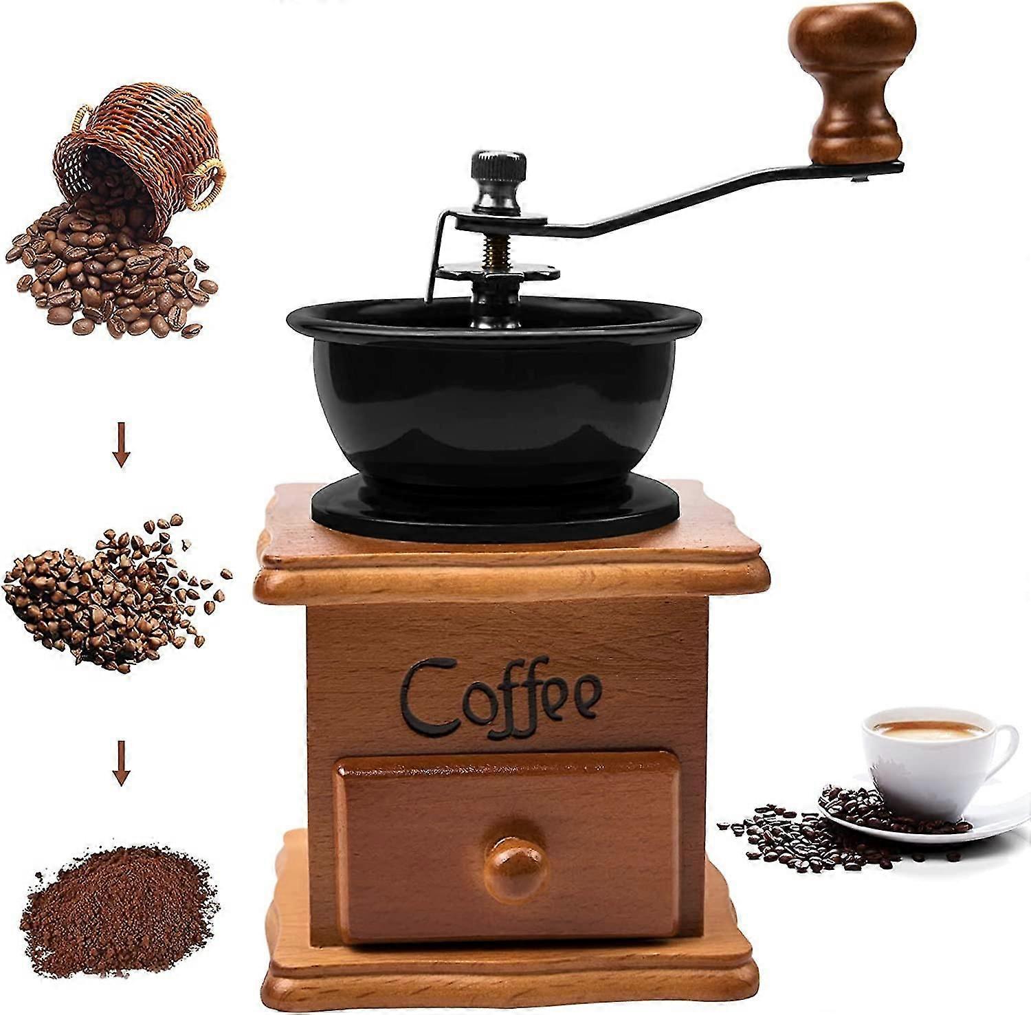 Manual Coffee Grinder, Vintage, Distressed Wood With Adjustable Gear Setting