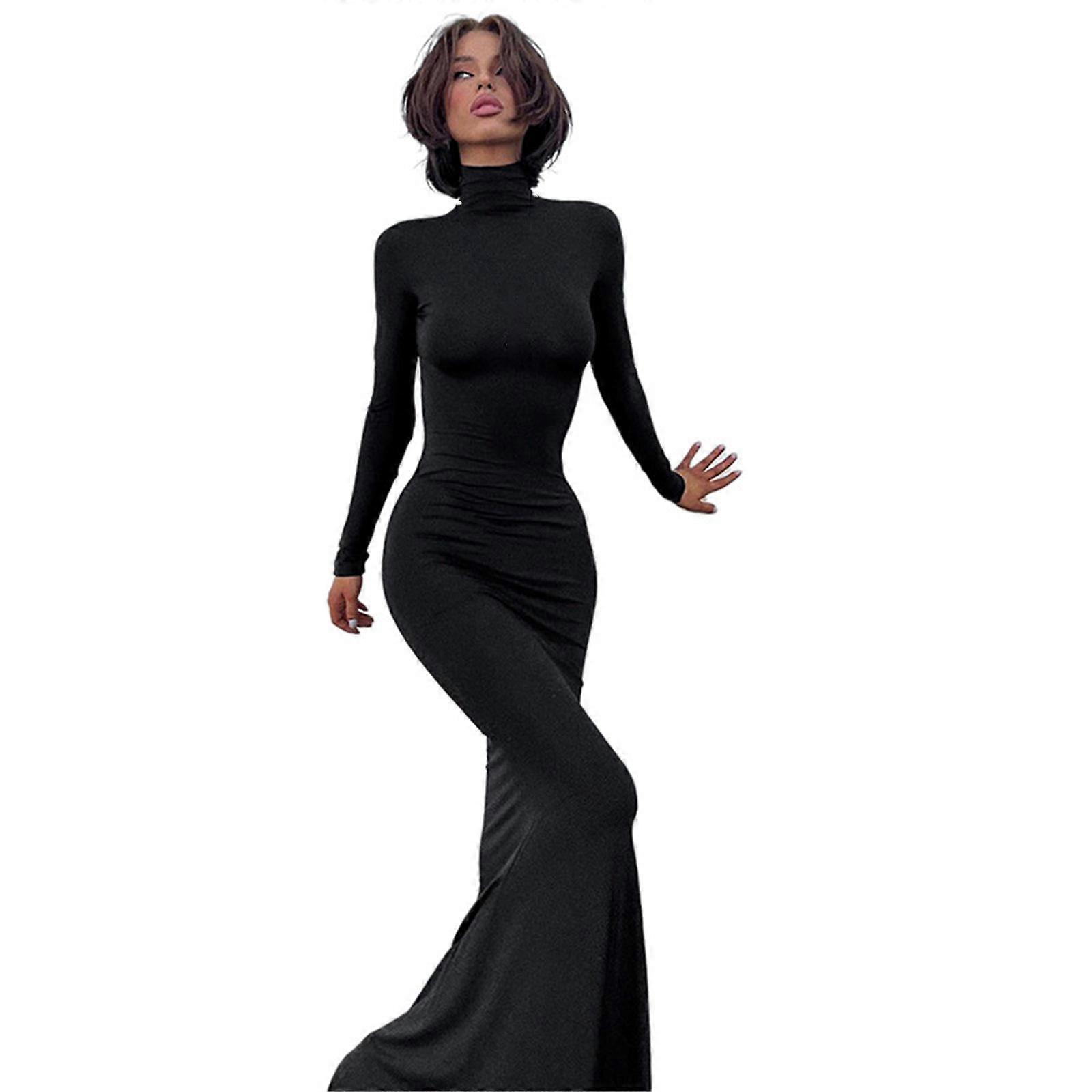 Women Elegant Half Turtleneck Bodycon Dress with Long Sleeves Solid Color  Flared Hem Maxi Dresses for Autumn and Winter Black L