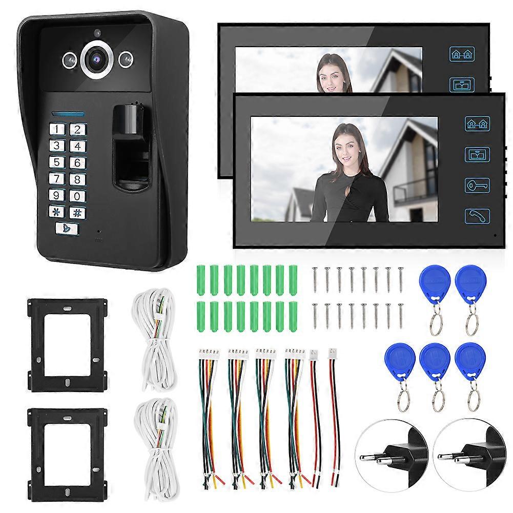 7in Fingerprint RFID Password Video Intercom 2 Monitor Wired Doorbell Access System100-240V