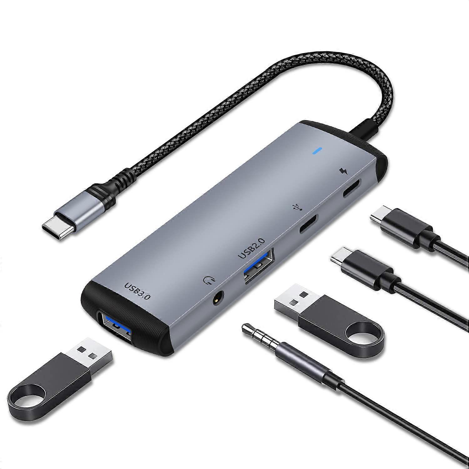 5 IN 1 USB C to 3.5mm Headphone and Charger Adapter, USB C Hub OTG USB 3.0 Data Adapter PD 60W Charger Fit with iPad Pro/iPad Air Mini/Macbook Pro/Air