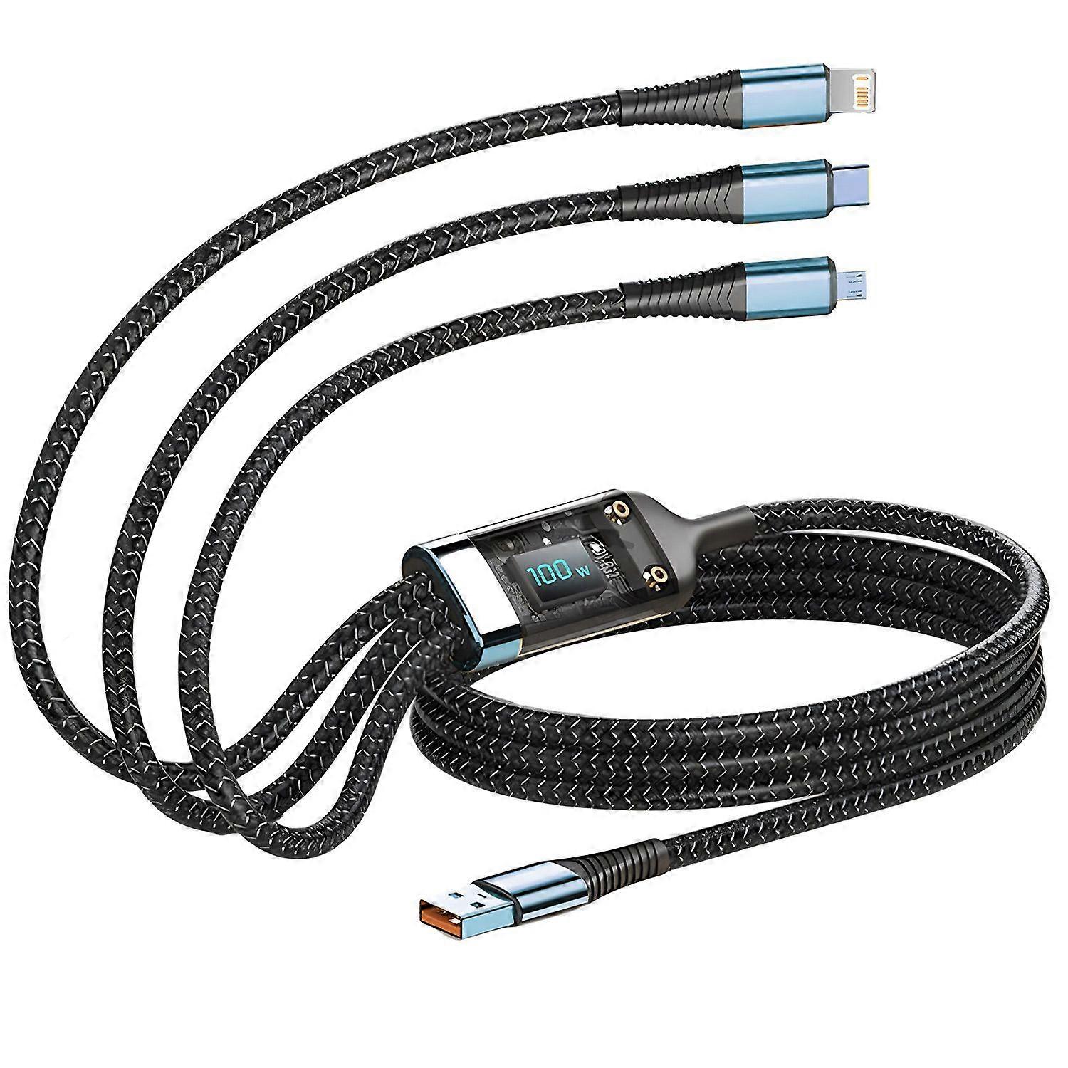 3-in-1 100W 5A USB to Type-C Fast Charging Cable Compatible with Android Mobile Phones Tablets Transparent Chip Charging
