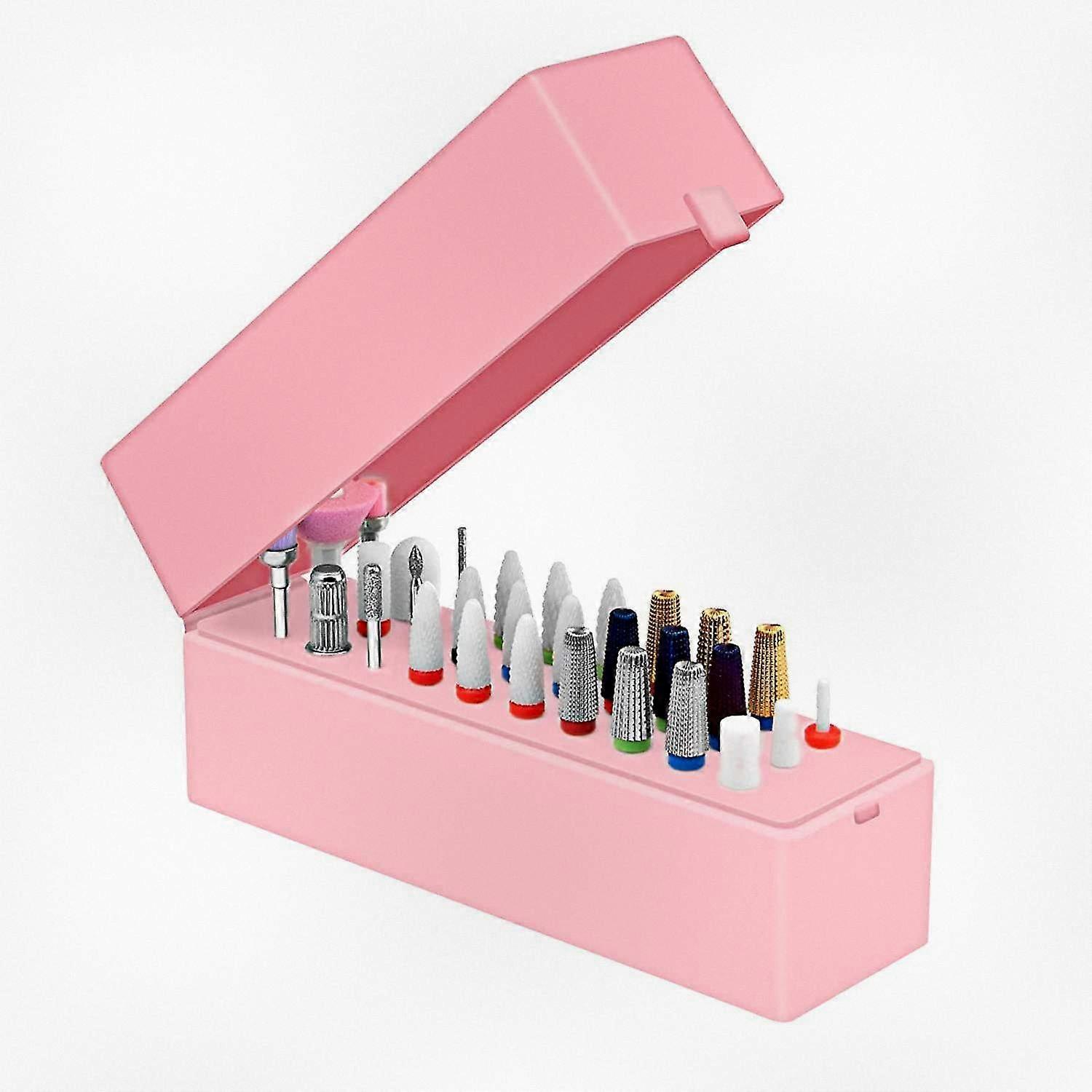 Dustproof manicure tool organizer with 30 holes for nail drill bits storage, pink color (drill bits not included)