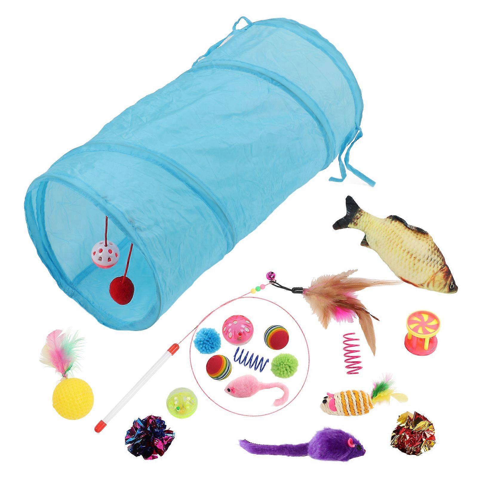 Cat Toys Set Interactive Cat Tunnel Cat Teasing Stick Bell Ball Sisal Mouse Simulated Fish for Indoor Cats
