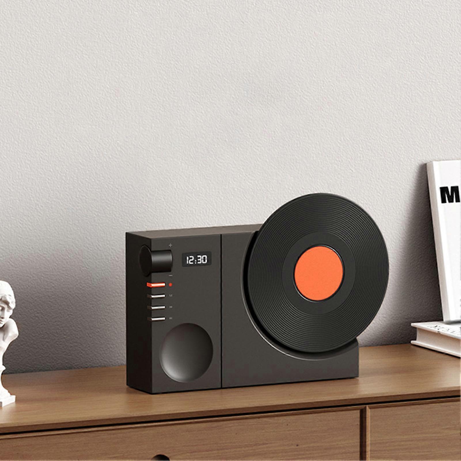 Retro Record Player BT Speaker Wireless Miniature Speaker Portable Desktop Speaker Ornament with Memory Card Clock USB Charging for Home Office Black