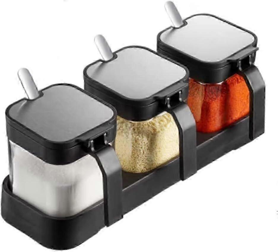 250ml Clear Glass Spice Jars with Lids & Spoons, Set of 3, Black