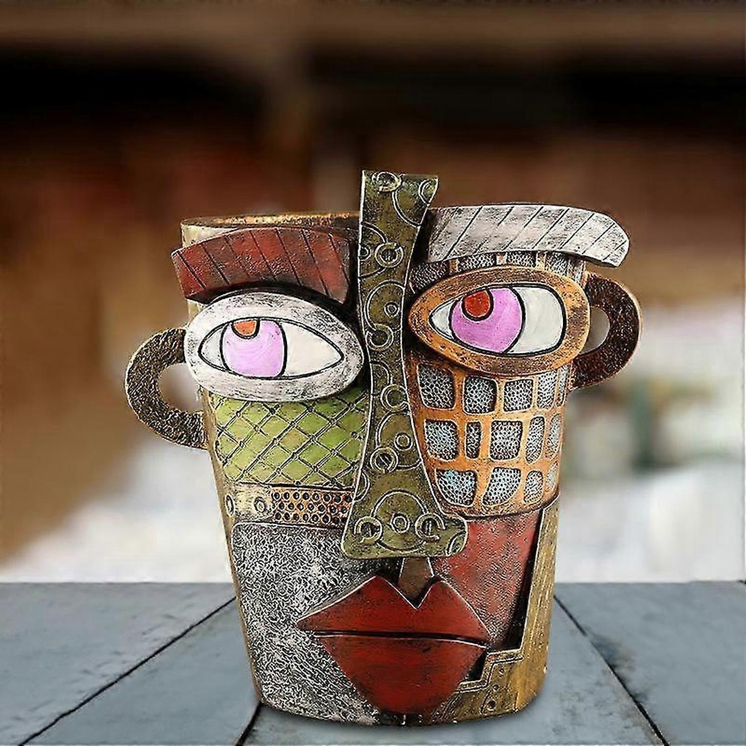 Abstract Colorful Head Flowerpot Unique Face Plant Pot With Drainage Resin Pot