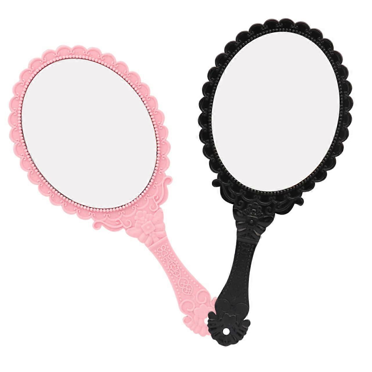 Retro Handle Travel Mirror Set - 2 x Mini Round Oval Makeup Mirrors, Handheld Glass Cosmetic Mirrors for Household Use