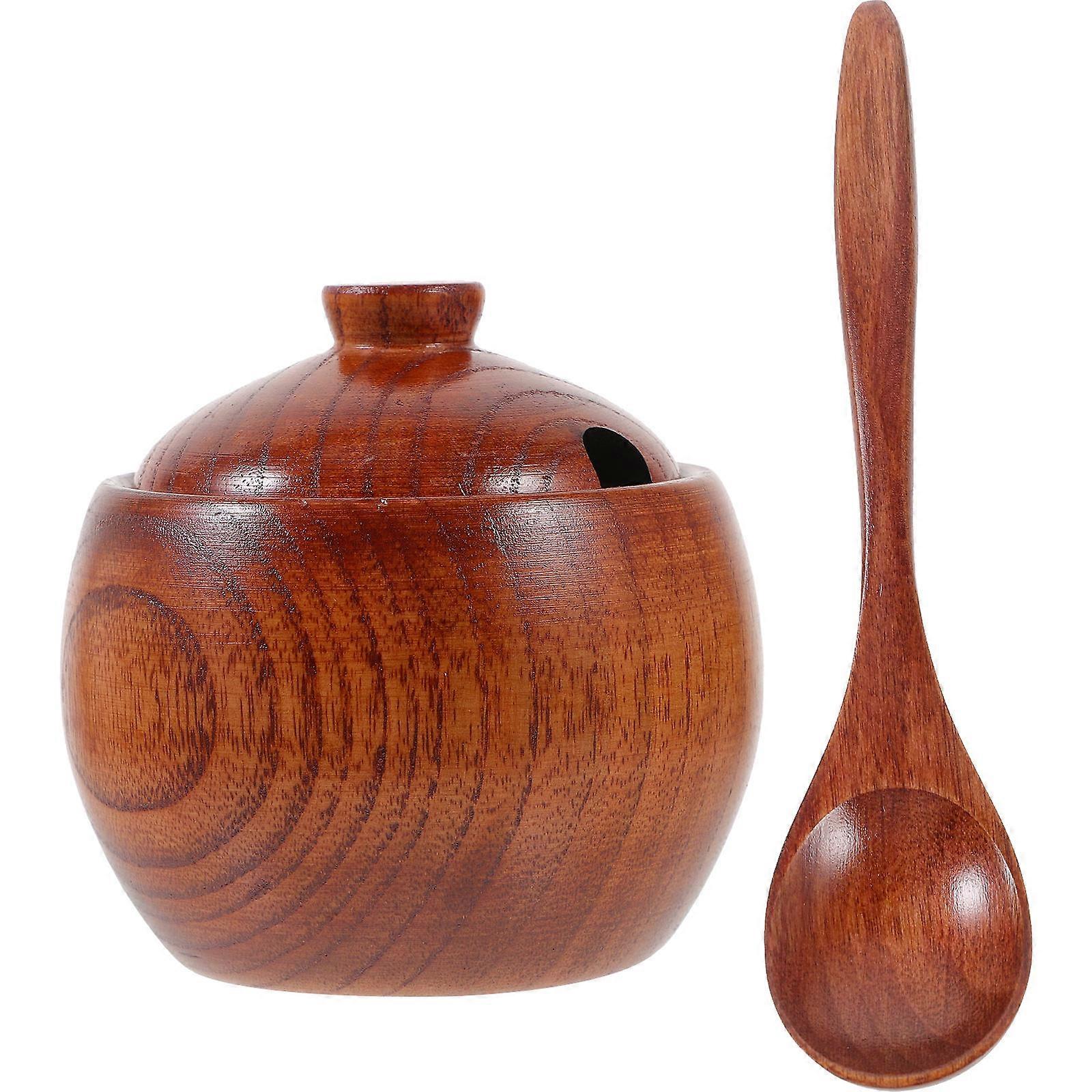 Salt Box 1 Set Wood Jar Sugar Bowl With Lid And Spoon Seasoning Salt Jar Container Kit Brown