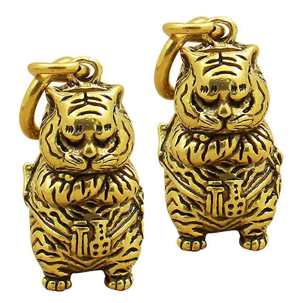 Copper Tiger Keychain Pendant for Decoration Golden Color Lightweight and Portable 2pcs