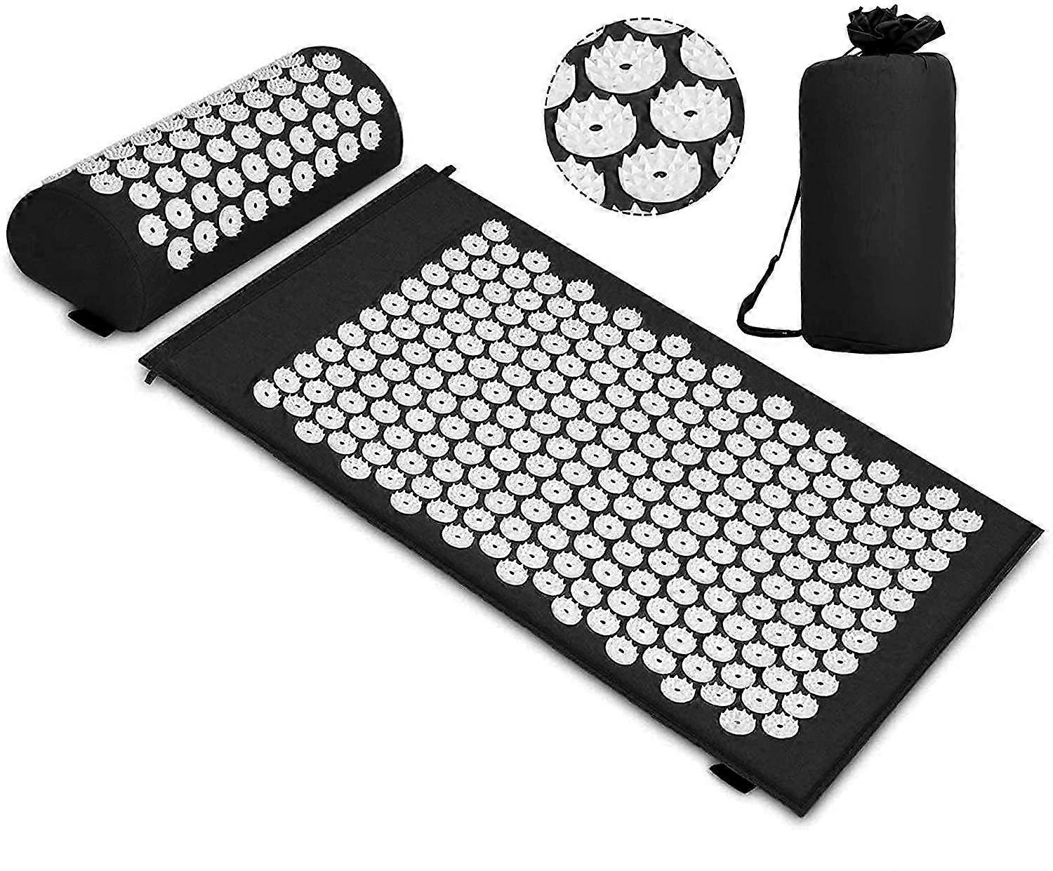 Acupressure mat and pillow for relaxation, relieving pain, stress, and sleep.