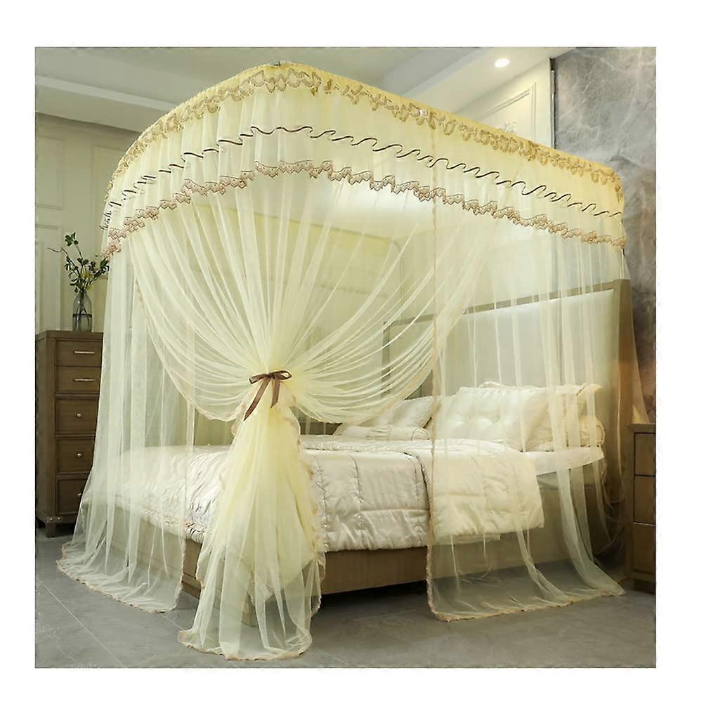 Summer Bed Canopy Mosquito Net Single Double King Curtain with Metal Support Romantic Bedroom Decoration (Color: Yellow, Size: 180x220cm)