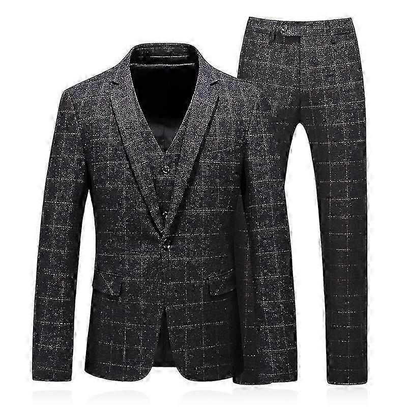 Férfi slim fit business alkalmi sötétszürke kockás öltöny öltöny 3 részes öltöny