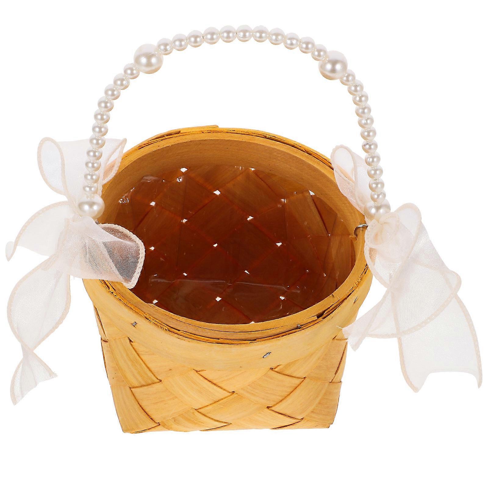Synthetic Material Flower Basket with Pearl Handle for Wedding Perfect for Storage Use Orange