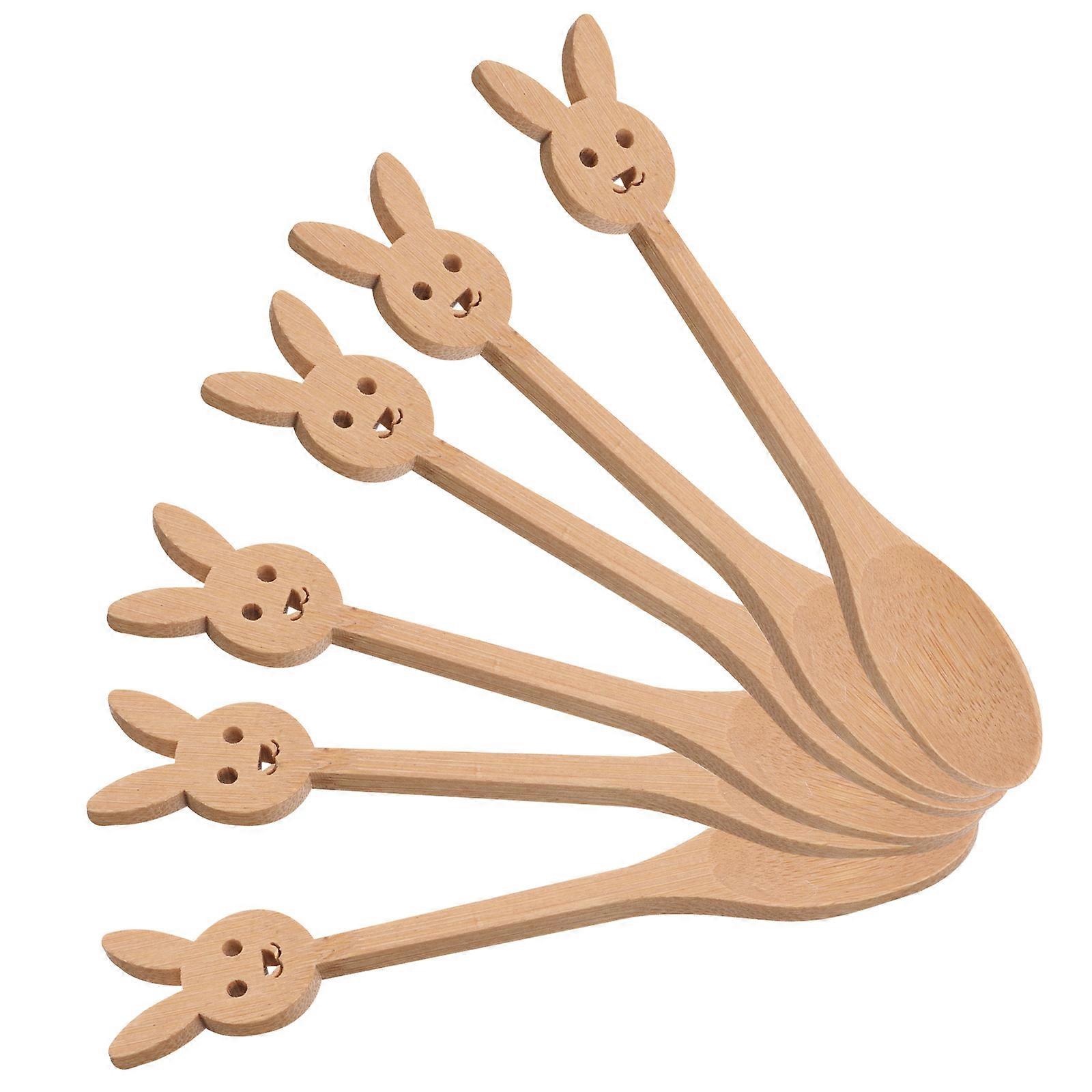 Light Brown Bamboo Spoons Set for Kitchen Unique Cartoon Design 6Pcs Ideal for Ice Cream Soups