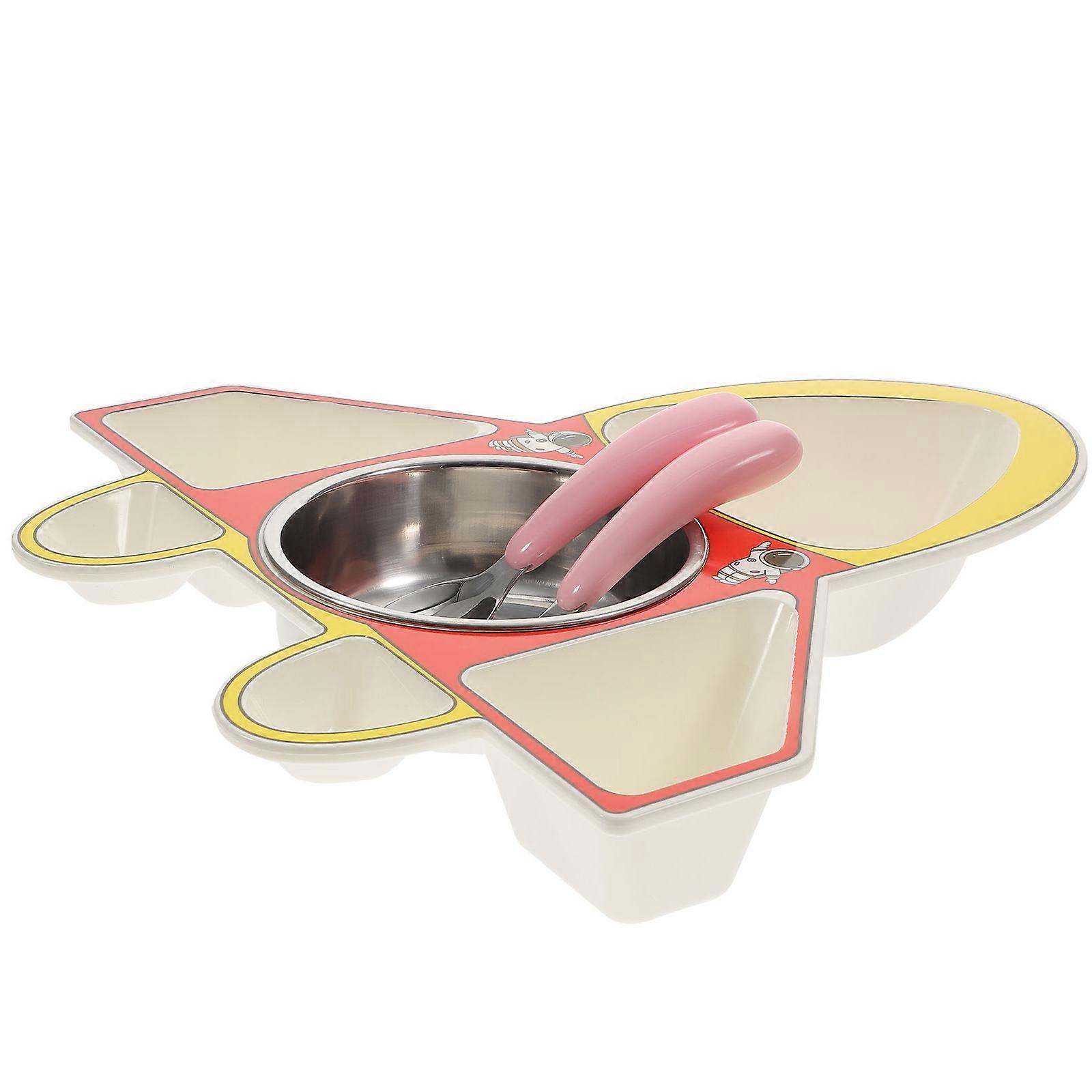 Kids Divided Food Plate in Cartoon Airplane Shape with Spoon Fork Stainless Steel and PP 6 Compartments