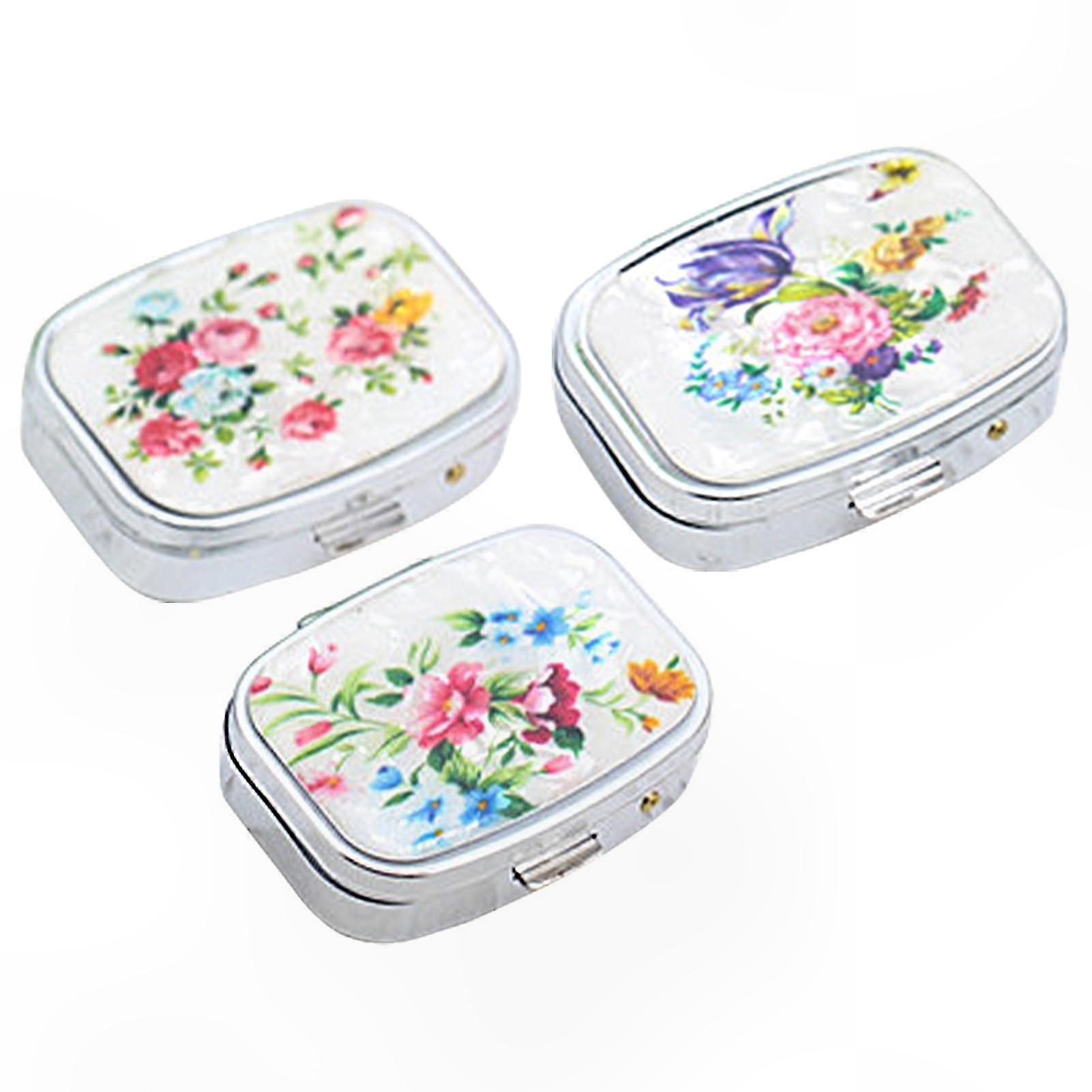 Oblong Metal Pill Organizer with Mirror, Large Capacity Portable Travel Case, Flower Design Compact Storage for Medication Management