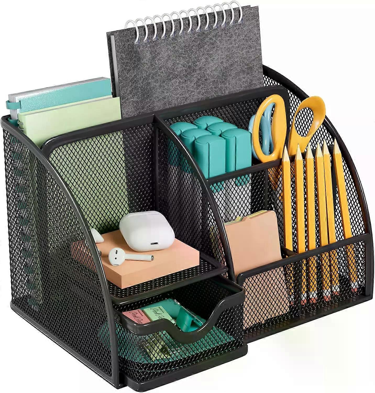 Office Desk Organizer, Pen Holder with 6 Compartments and 1 Drawer, Mesh Metal Desktop Storage for Office Home