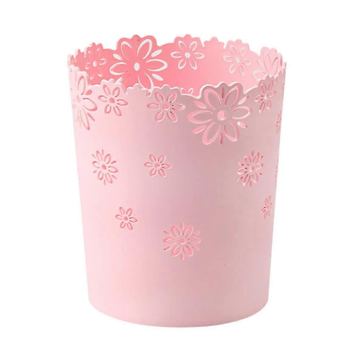Waste Paper Bin Plastic Trash Can Round Pink, Hollow Flower Design, Large Lidless Wastepaper Basket