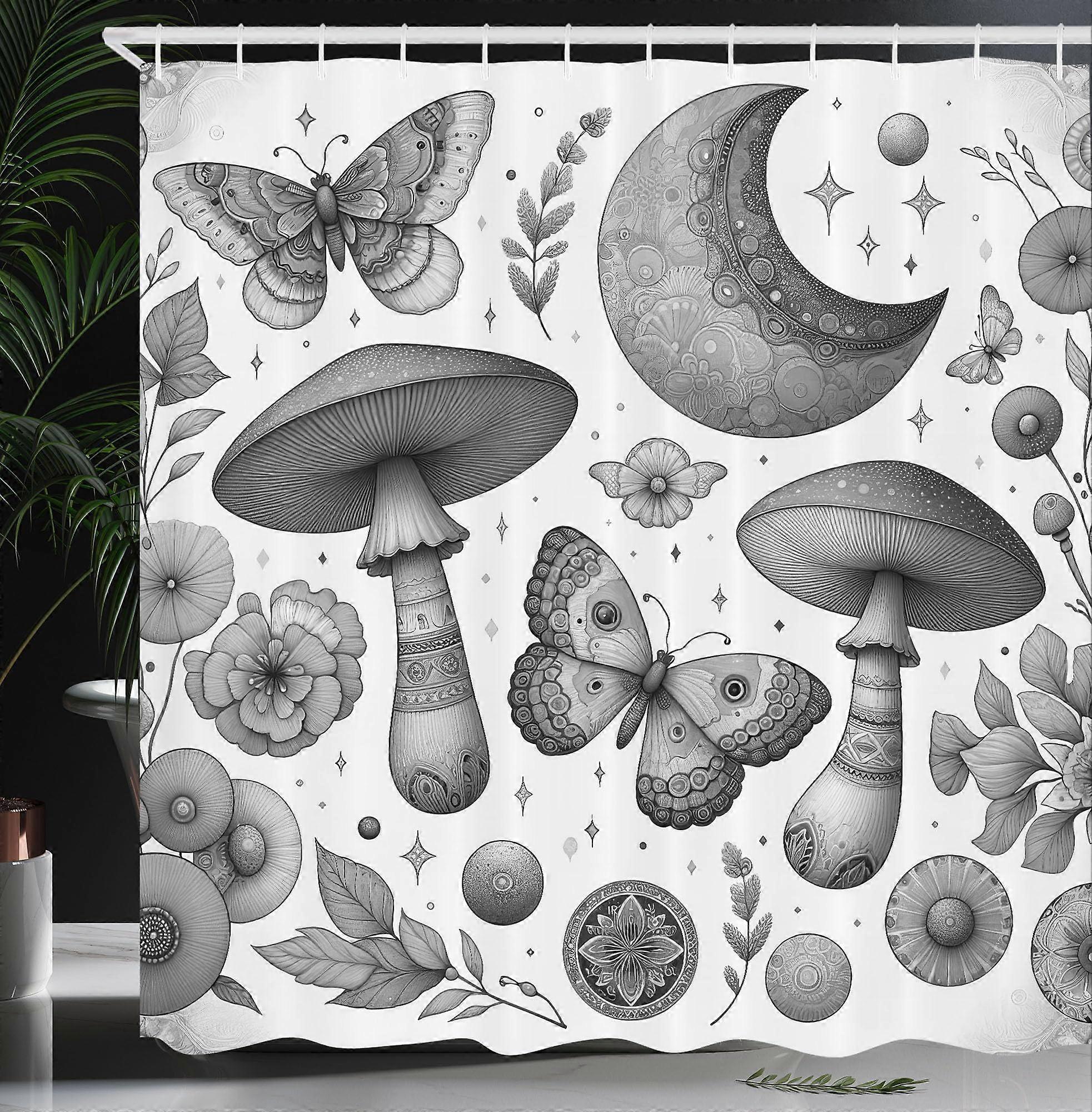 Grey Shower Curtain Medieval Nature Witchcore With Mushroom Moth Moon Leafy Flowers 69x70 Inch Fabric Hooks Included