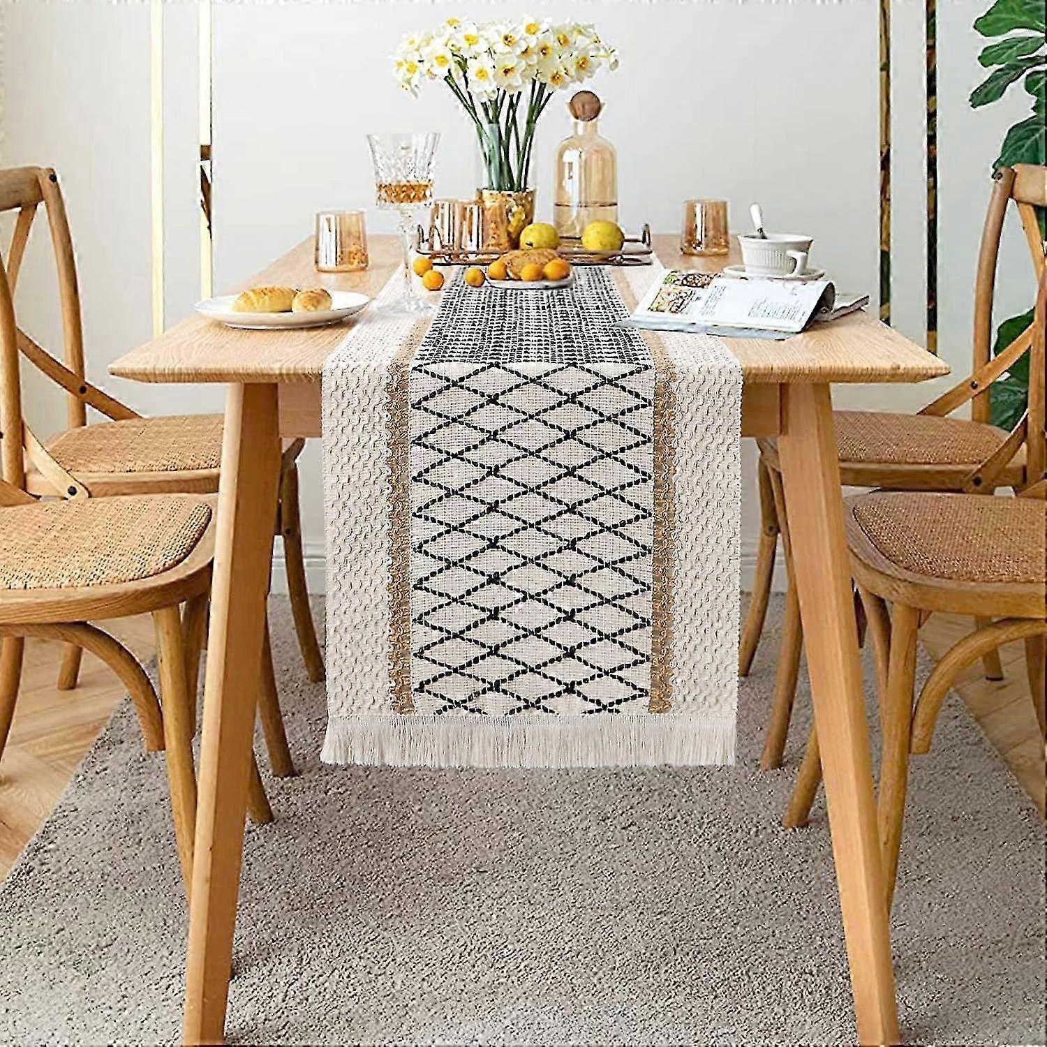 Boho Style Table Flag with Tassels - Stylish Cotton Linen Table Runner and Home Decor Accessory