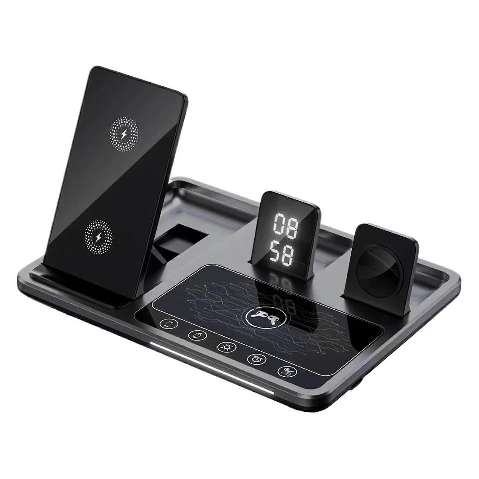 Alarm Clock Charging Station 4-in-1 Dock for Multiple Devices, Nightstand Charger with Night Light, 7.5x5.5x0.9 Inches