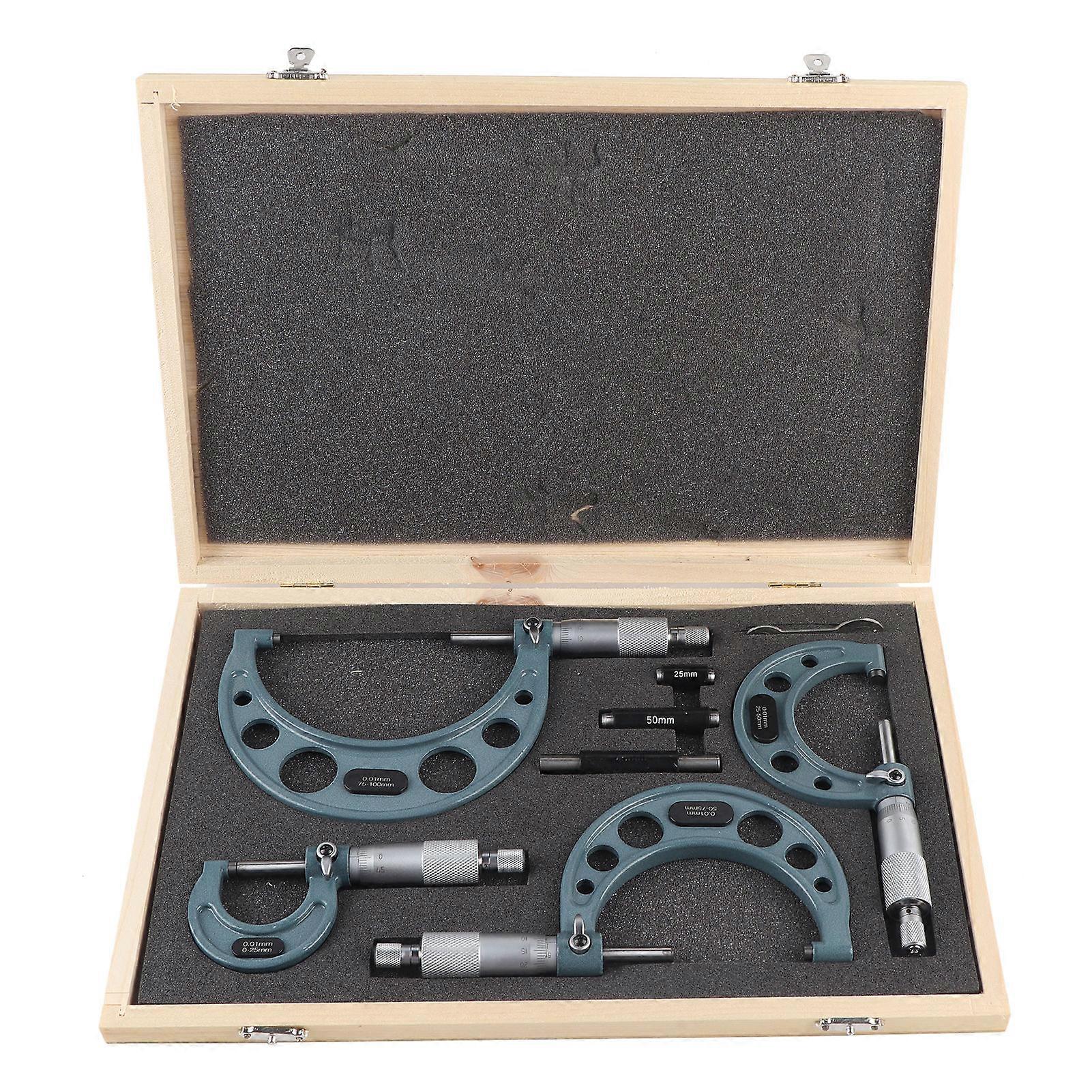 Thickness Measuring Caliper, Metric Outside Micrometer 0-100mm, 4 Pieces, with Case